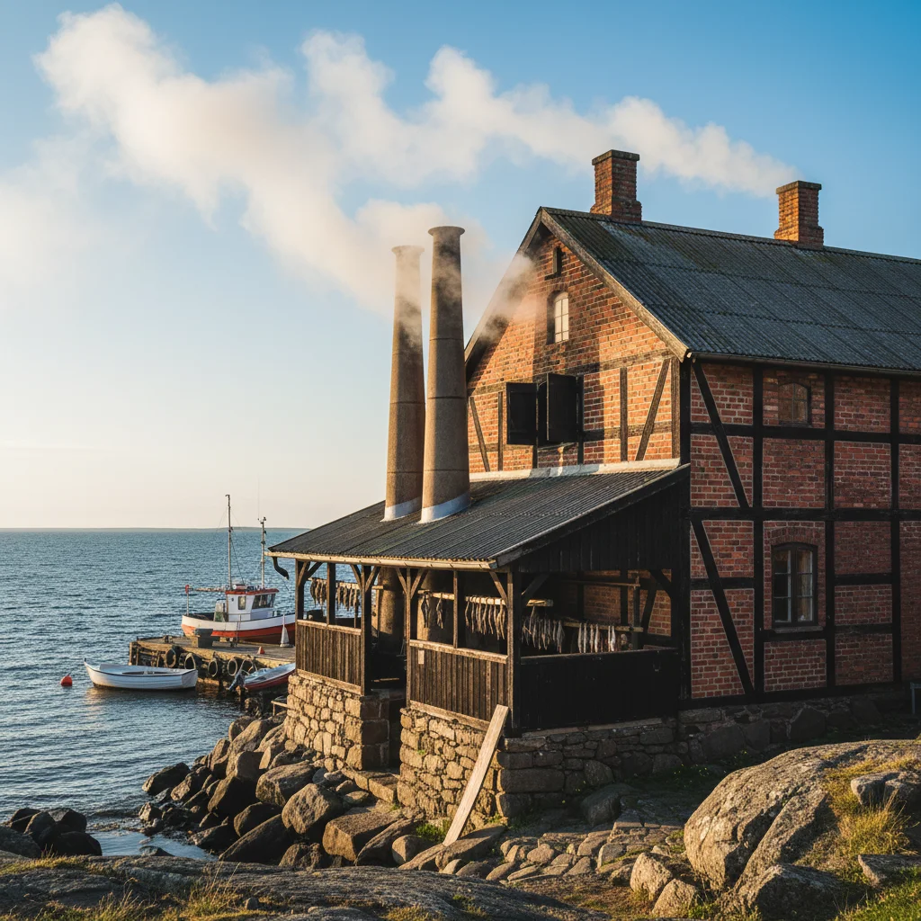Eine traditionelle Räucherei in Gudhjem auf Bornholm mit Rauch