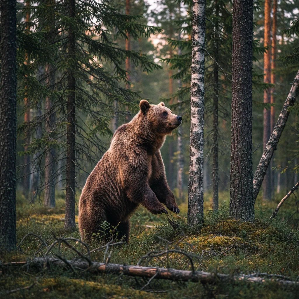 Braunbär in einem finnischen Wald am Abend