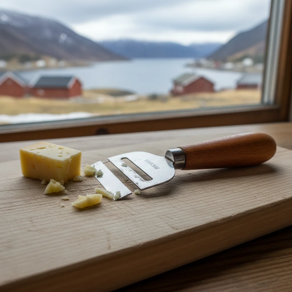 Ein Ostehøvel (norwegischer Käsehobel) auf einem Holzbrett