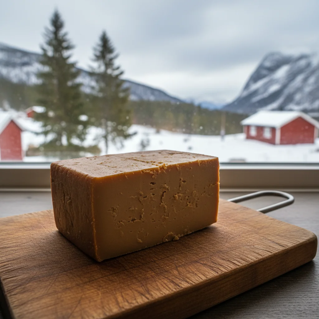 Eine Scheibe Brunost auf einem Schneidebrett
