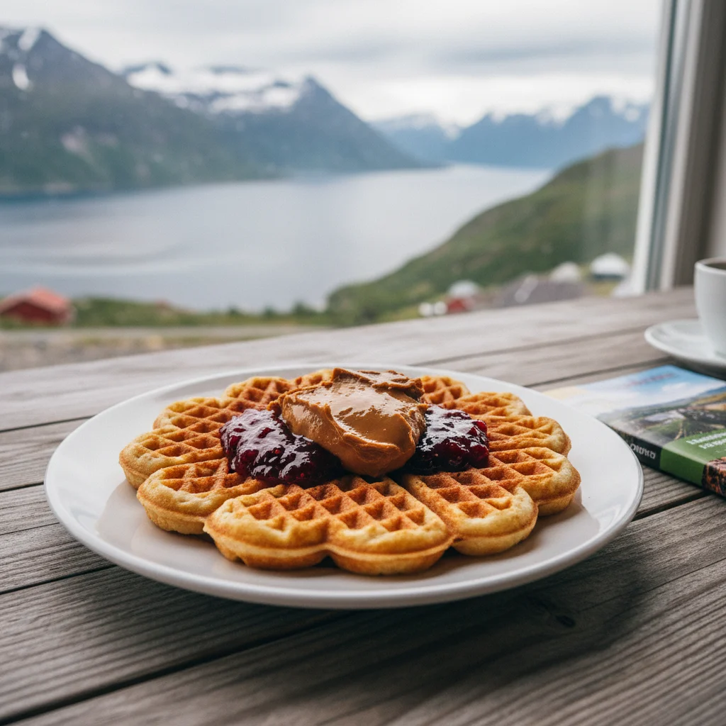 Norwegische Waffel mit Brunost und Marmelade