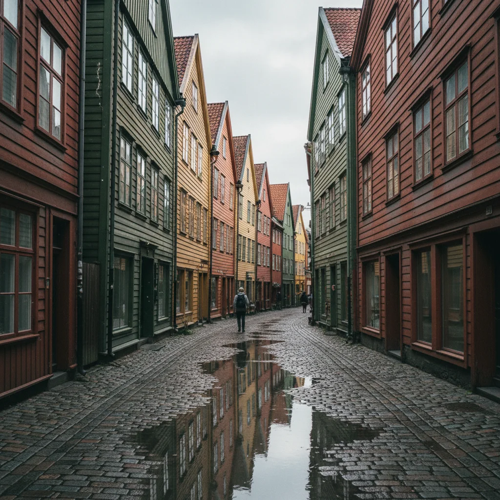 Enge Gasse zwischen den Holzhäusern von Bryggen