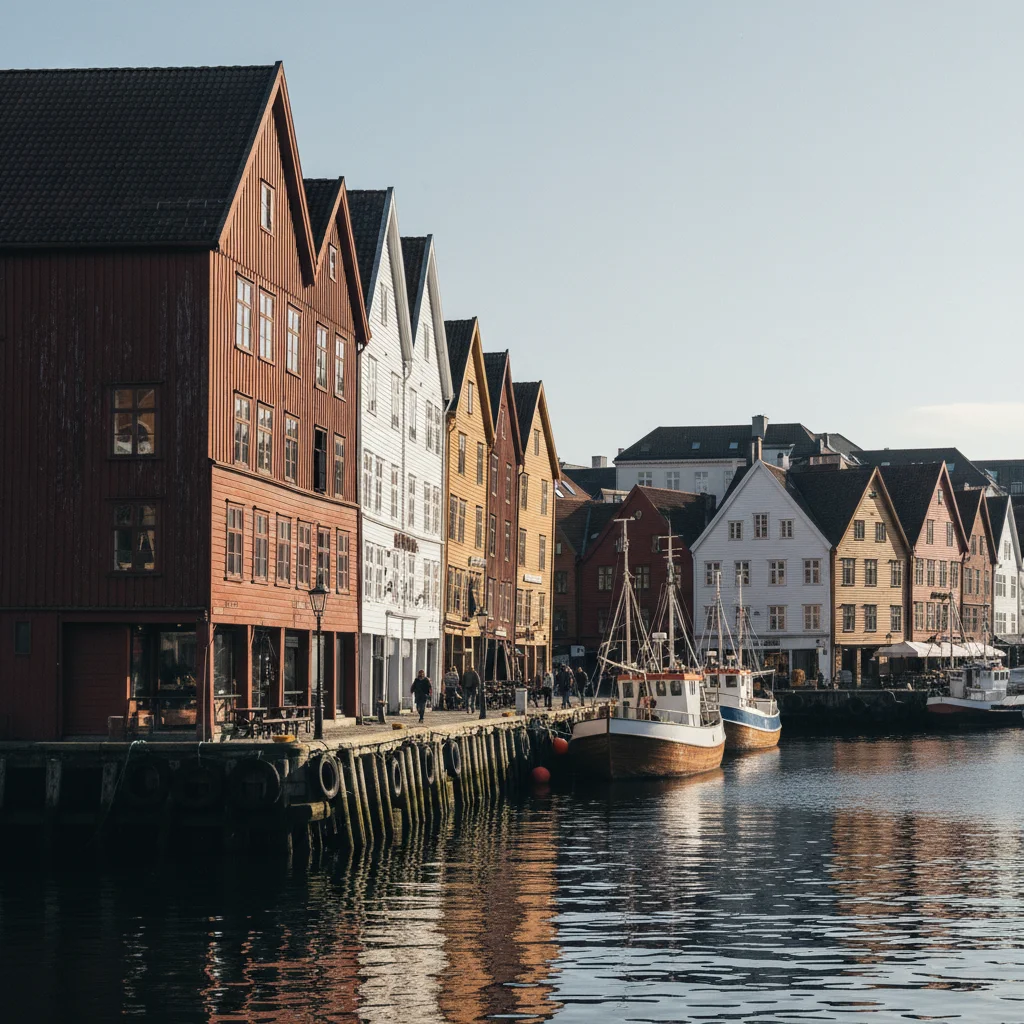 Die bunten Holzhäuser von Bryggen am Hafen von Bergen