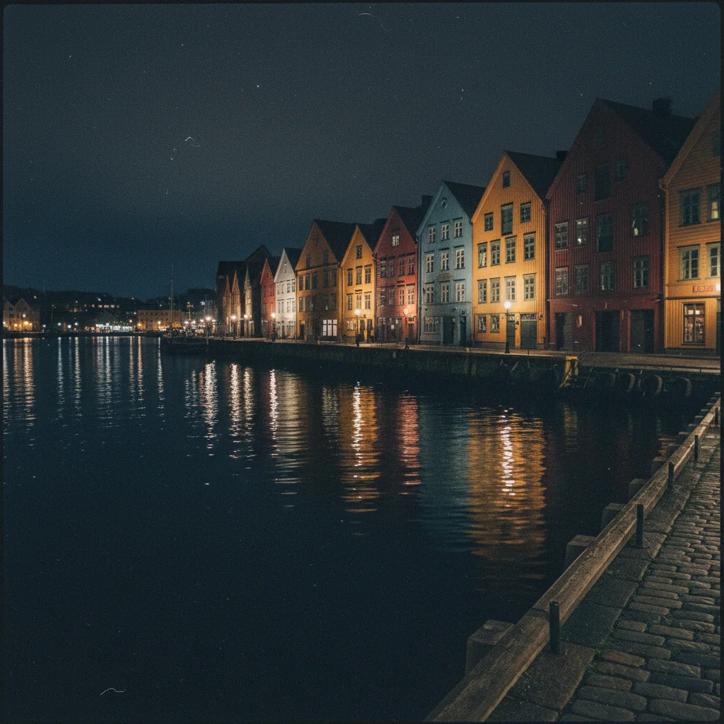 Bryggen in Bergen bei Nacht mit beleuchteten Holzfassaden
