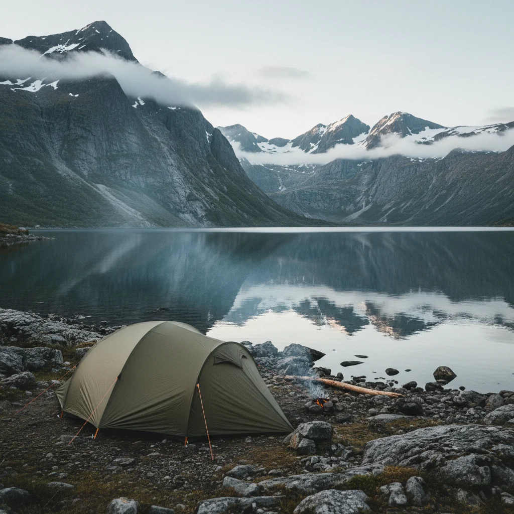 Zelt an einem norwegischen See mit Bergen im Hintergrund