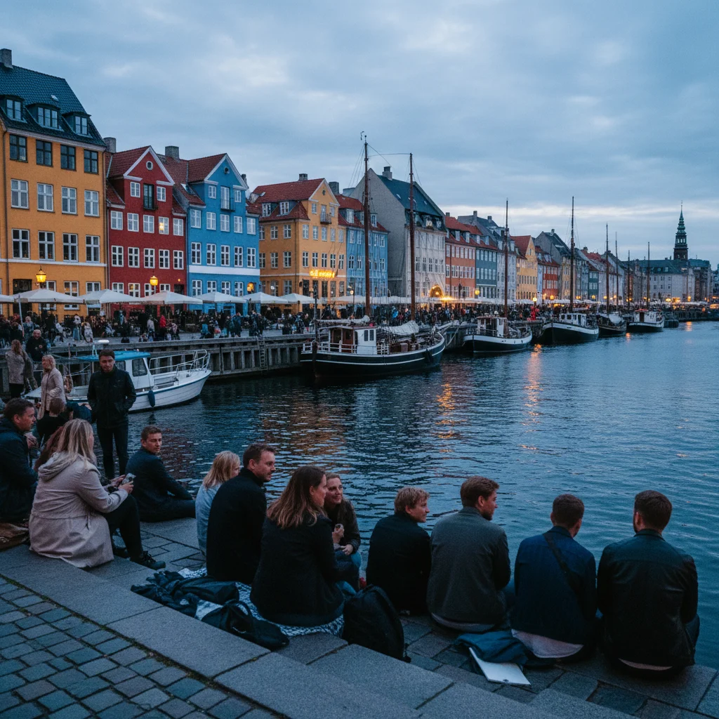 Kopenhagener Hafen am Abend mit Menschen am Kai