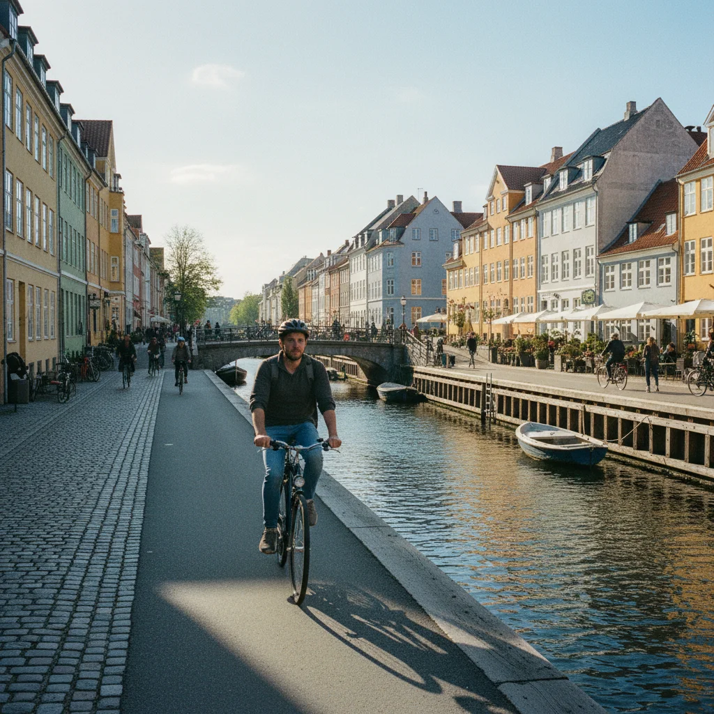 Radfahrer auf einem Kopenhagener Radweg neben einem Kanal