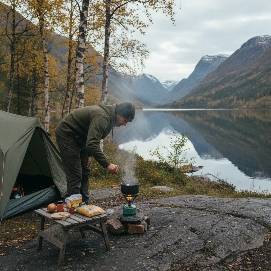 Kochen auf einem Campingkocher in der norwegischen Natur