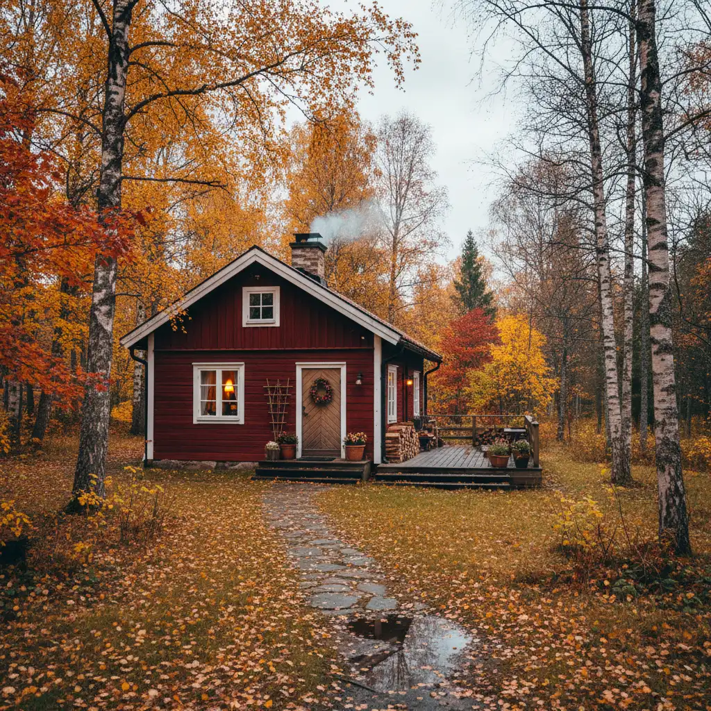 Gemütliches skandinavisches Ferienhaus im Herbst mit buntem Laub