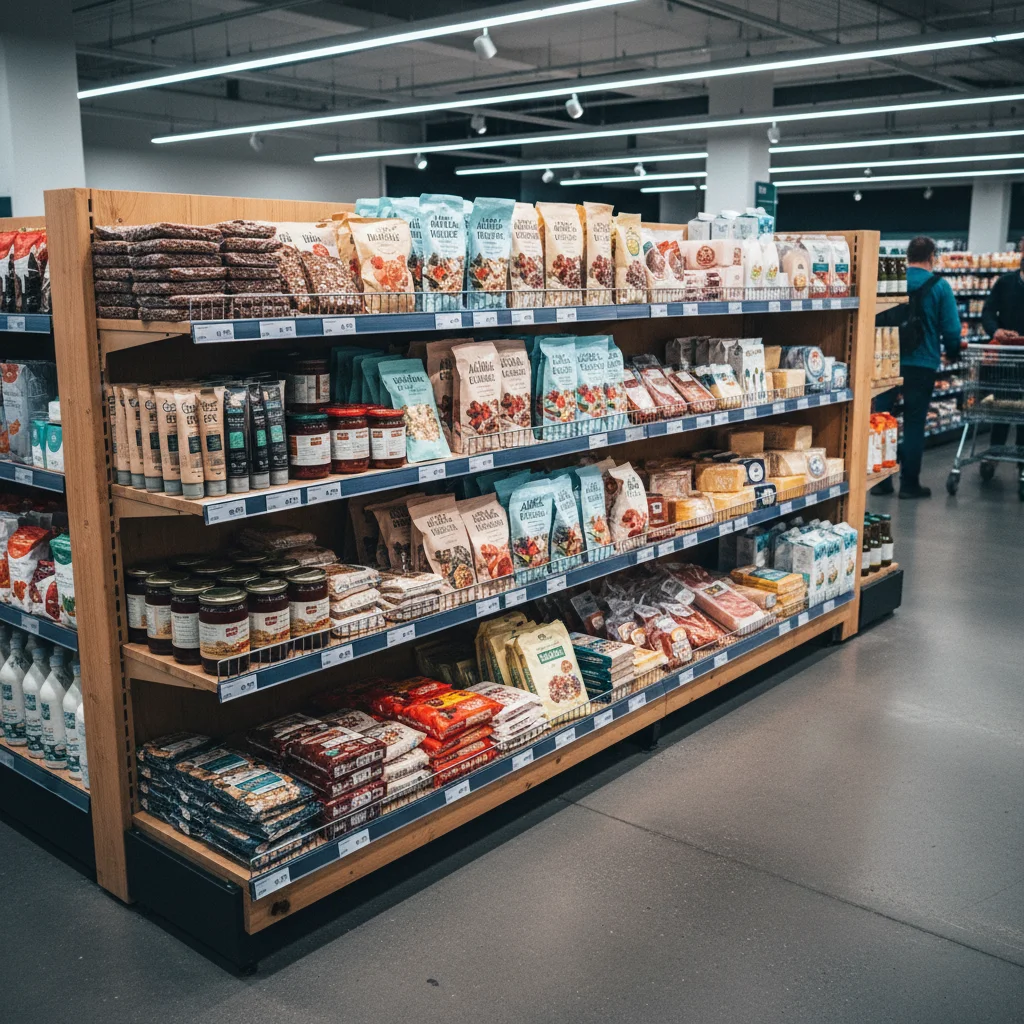 Regal mit skandinavischen Lebensmitteln in einem Supermarkt