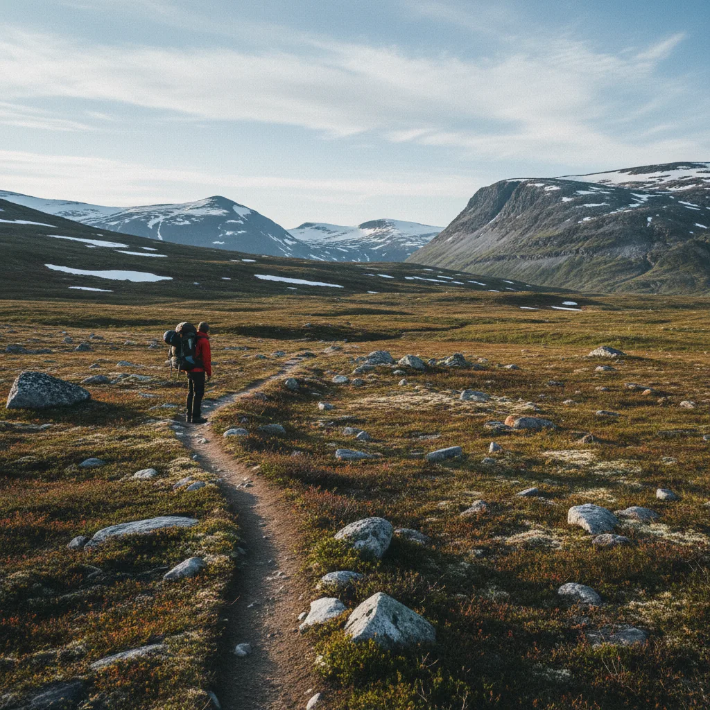 Wanderer auf einem Pfad durch die norwegische Fjelllandschaft