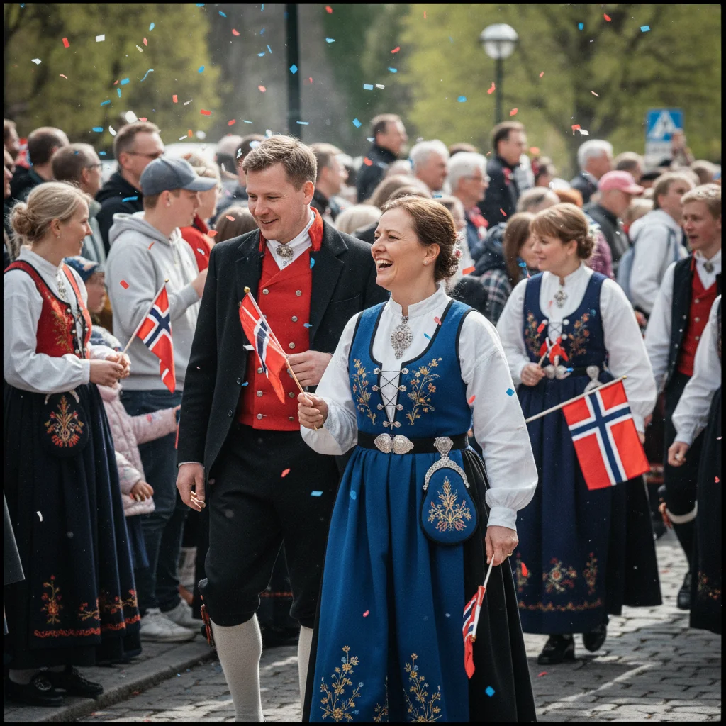 Menschen in Bunaden feiern den 17. Mai in Norwegen