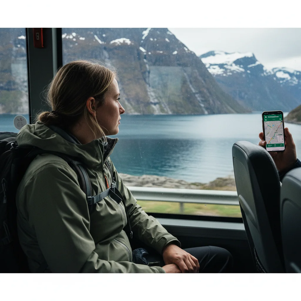 Smartphone mit Bus-App und Ticket für norwegischen Fernbus