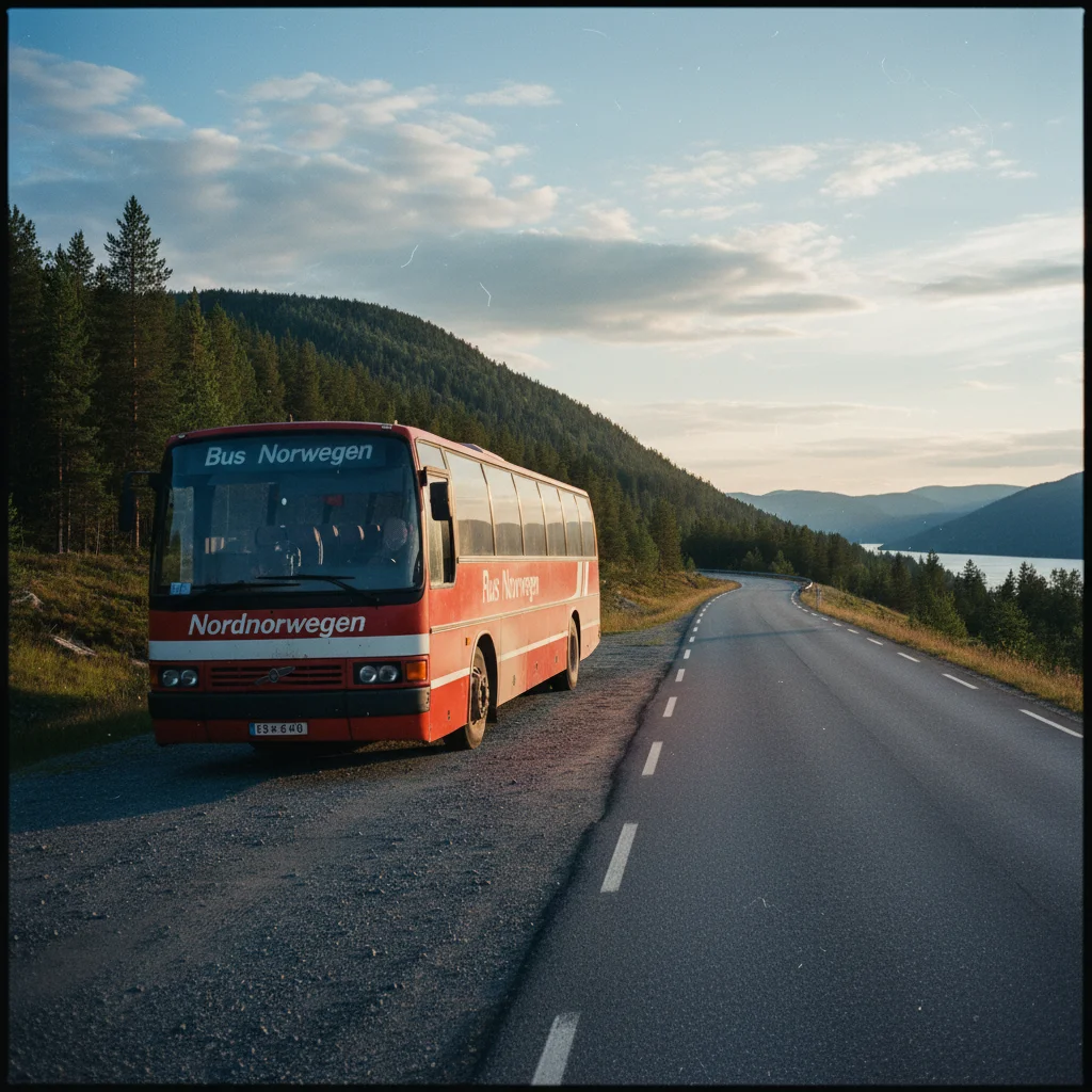 Bus auf einer Straße in der arktischen Landschaft Nordnorwegens