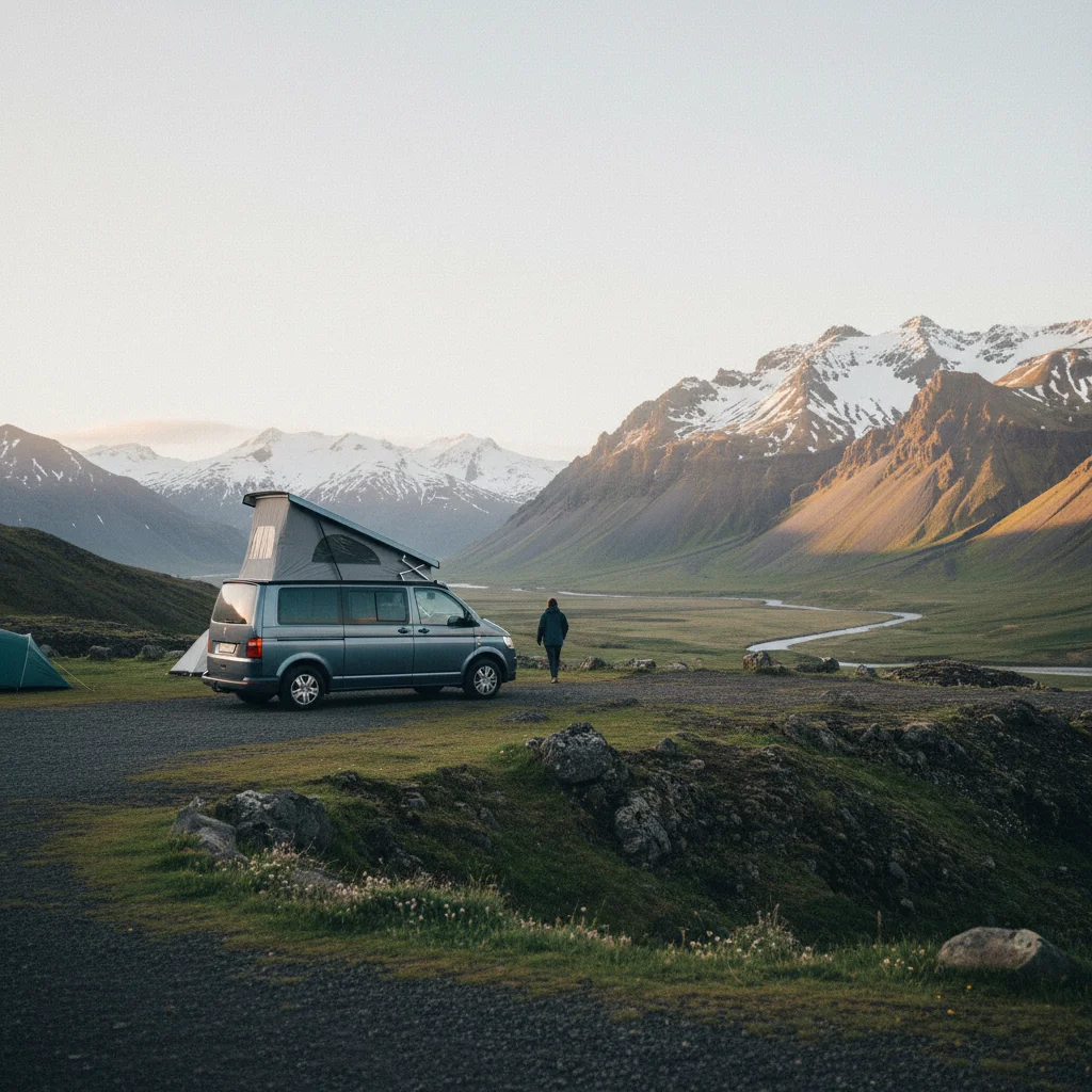 Campervan auf einem isländischen Campingplatz mit Bergpanorama im Hintergrund