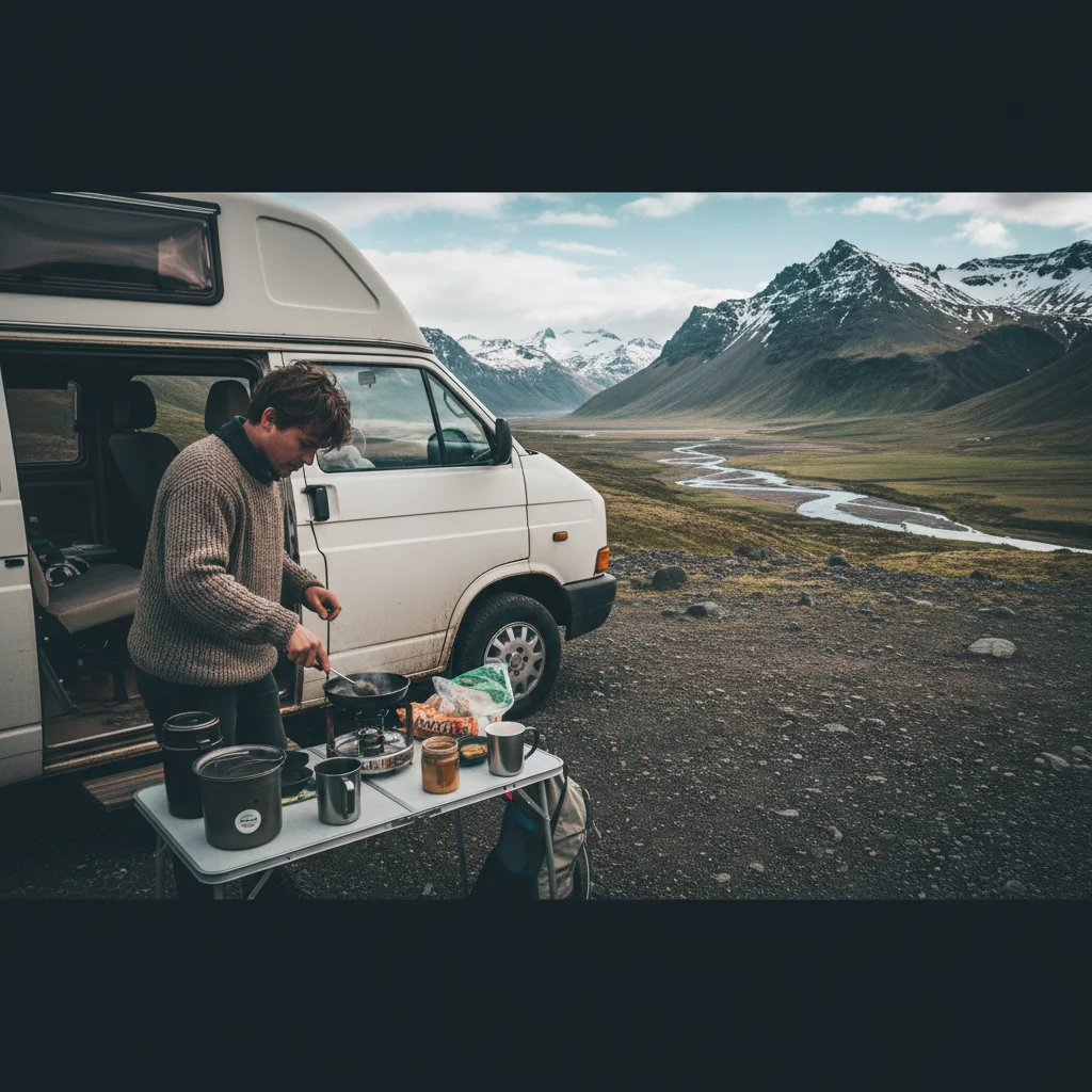 Kochen am Campervan in der isländischen Natur mit Blick auf Berge