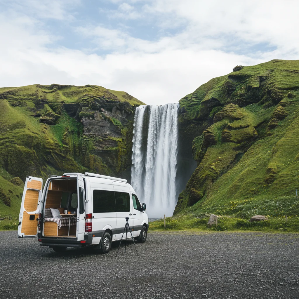 Campervan auf einem Parkplatz mit Blick auf einen isländischen Wasserfall und grüne Landschaft