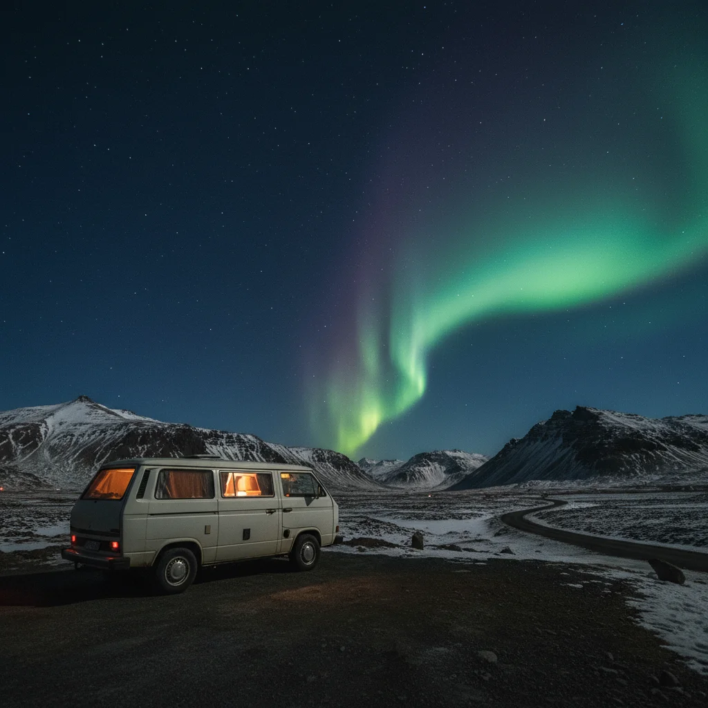 Nordlichter über einem geparkten Campervan in Islands nächtlicher Landschaft