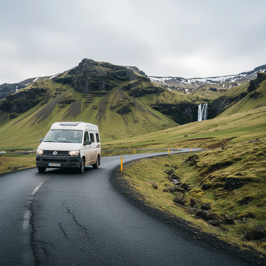 Campervan auf der isländischen Ringstraße mit Bergen und grüner Landschaft