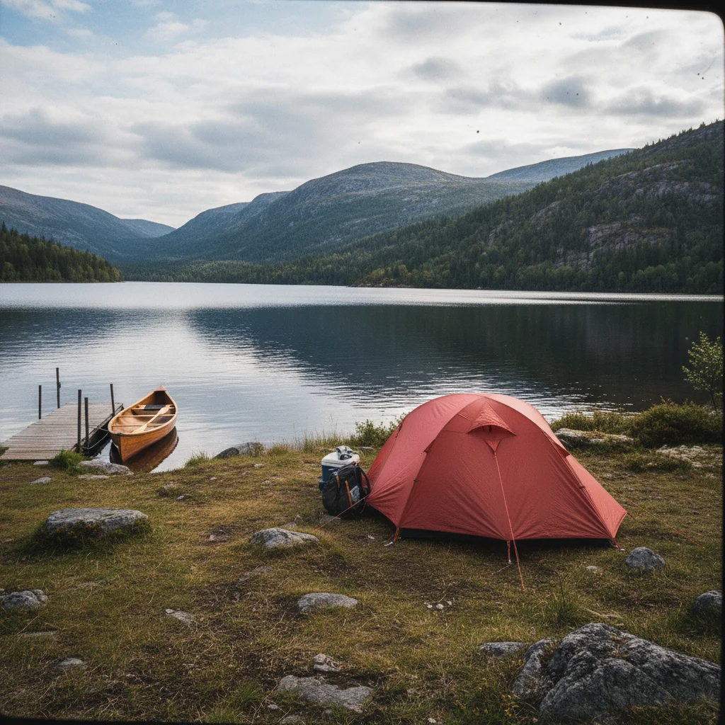 Campingplatz an einem finnischen See mit Zelten und Wohnmobilen