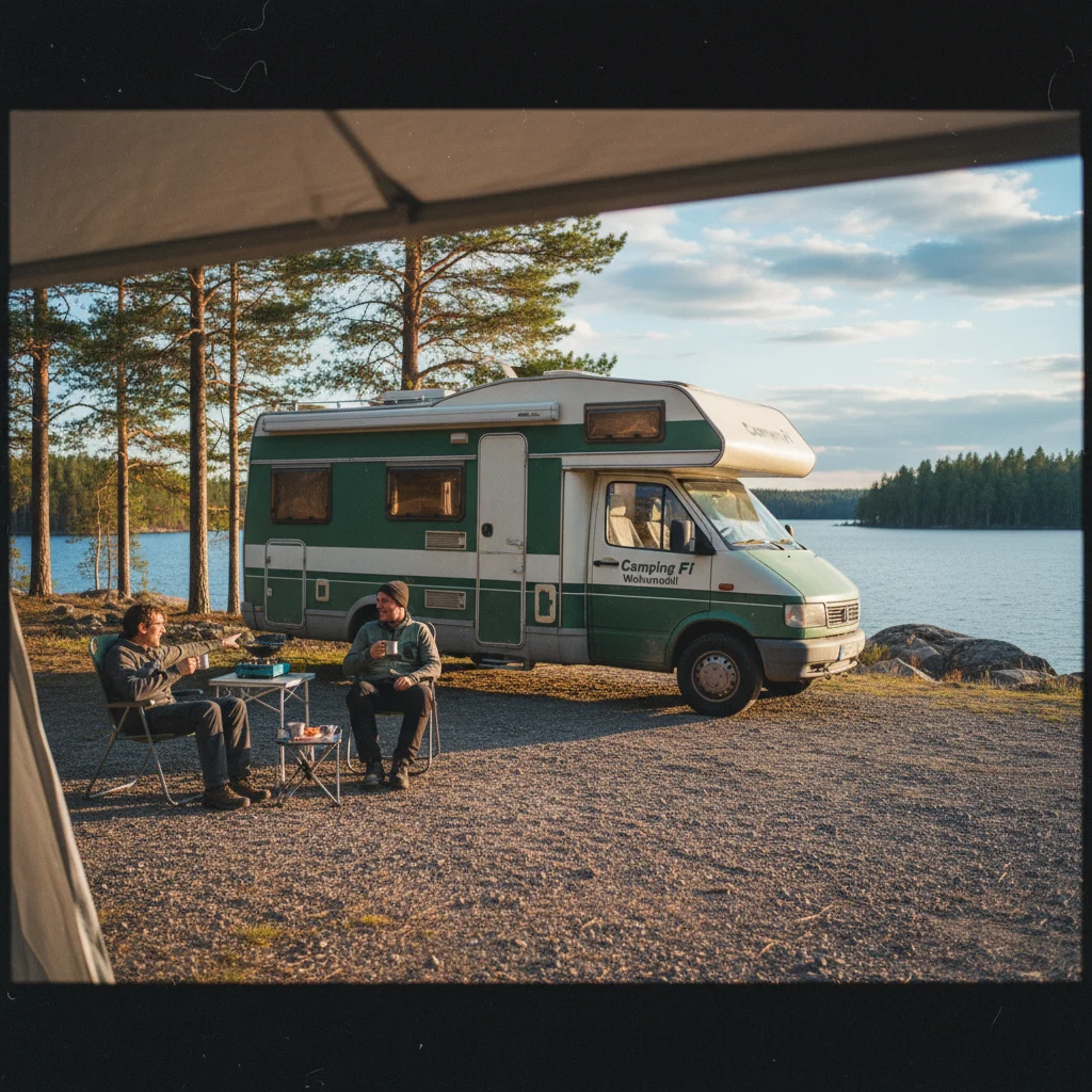 Wohnmobil auf einem finnischen Stellplatz in der Natur