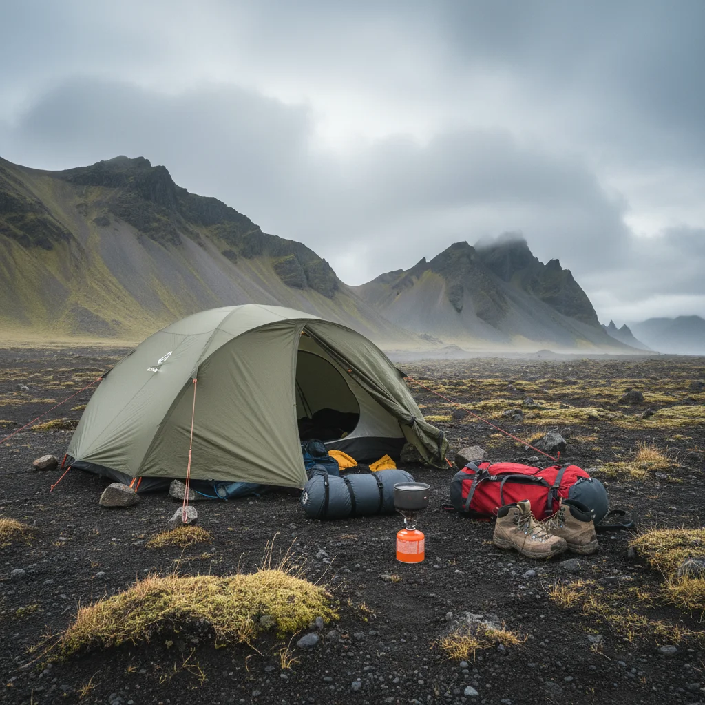 Campingausrüstung vor einem Zelt auf Island mit windigem Wetter