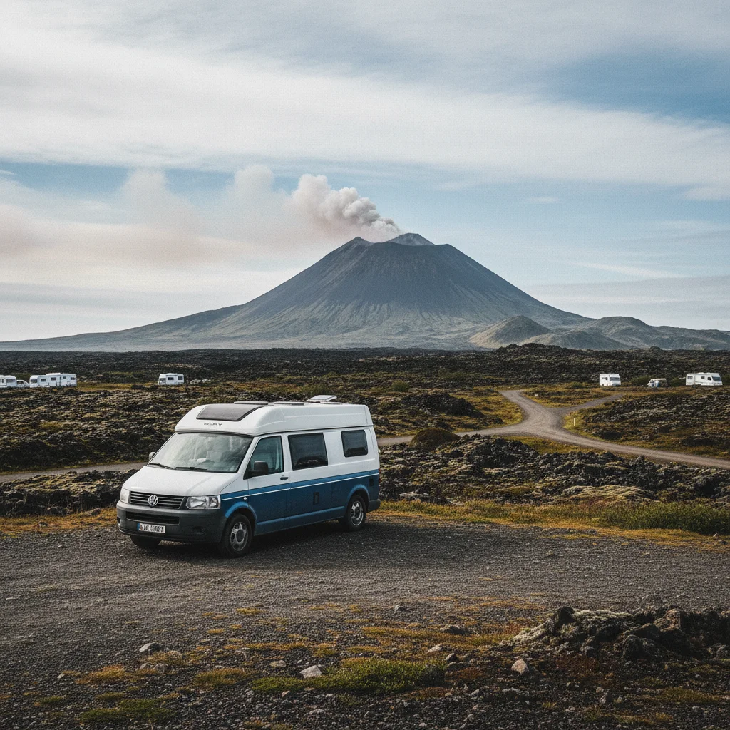 Campervan auf einem isländischen Stellplatz mit Blick auf Vulkanlandschaft