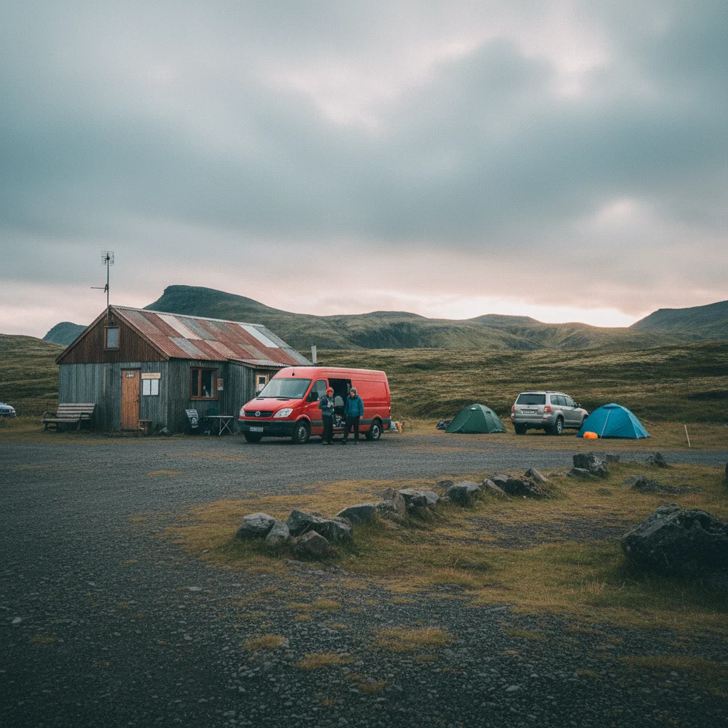 Campingplatz auf Island mit Empfangsgebäude und ankommenden Campern