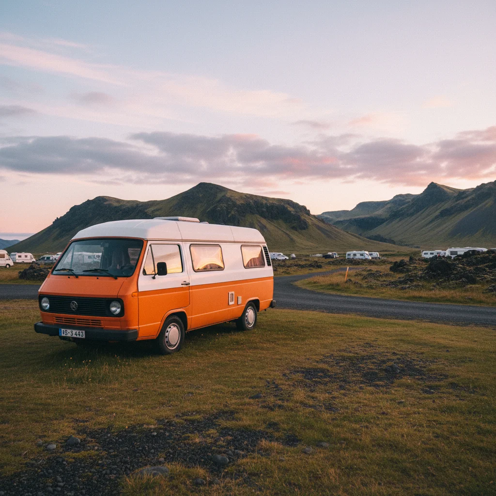 Campervan auf einem Campingplatz an der isländischen Ringstraße bei Sonnenuntergang