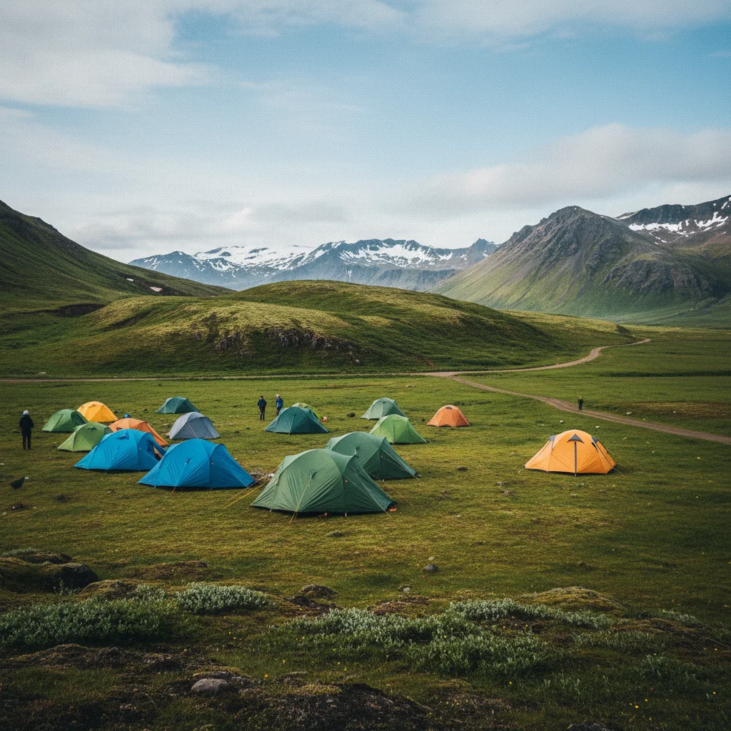 Zelte auf einem isländischen Campingplatz mit grüner Landschaft und Bergen