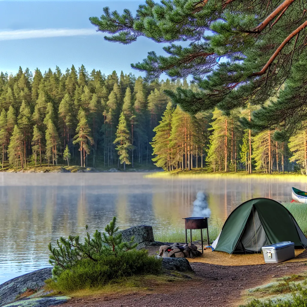 Zelt am See in Schweden bei Sonnenuntergang
