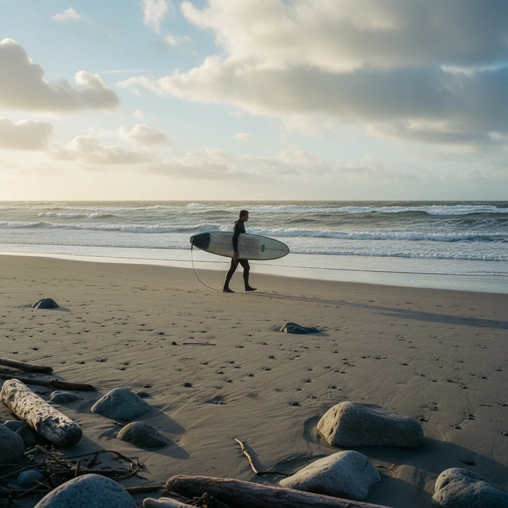 Surfer mit Neoprenanzug am Strand von Cold Hawaii