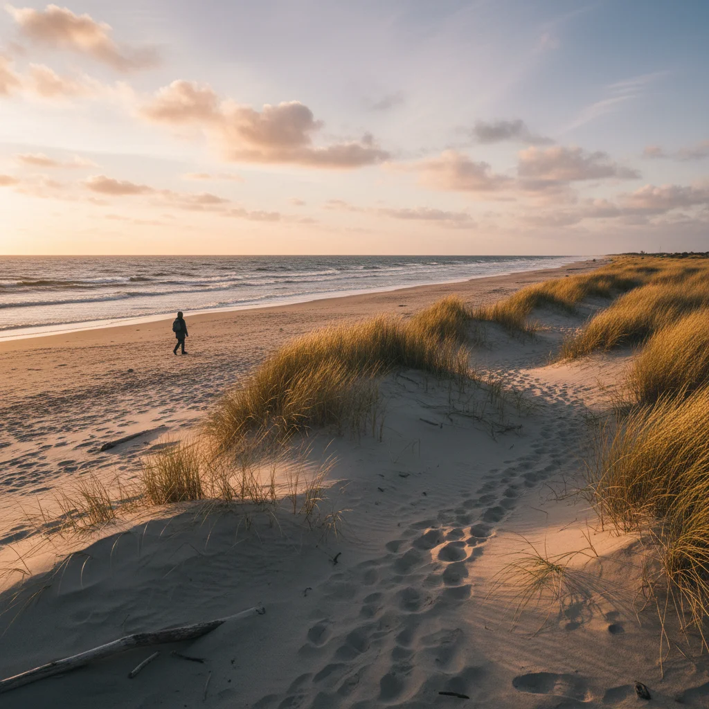 Weiter Sandstrand bei Cold Hawaii im Abendlicht