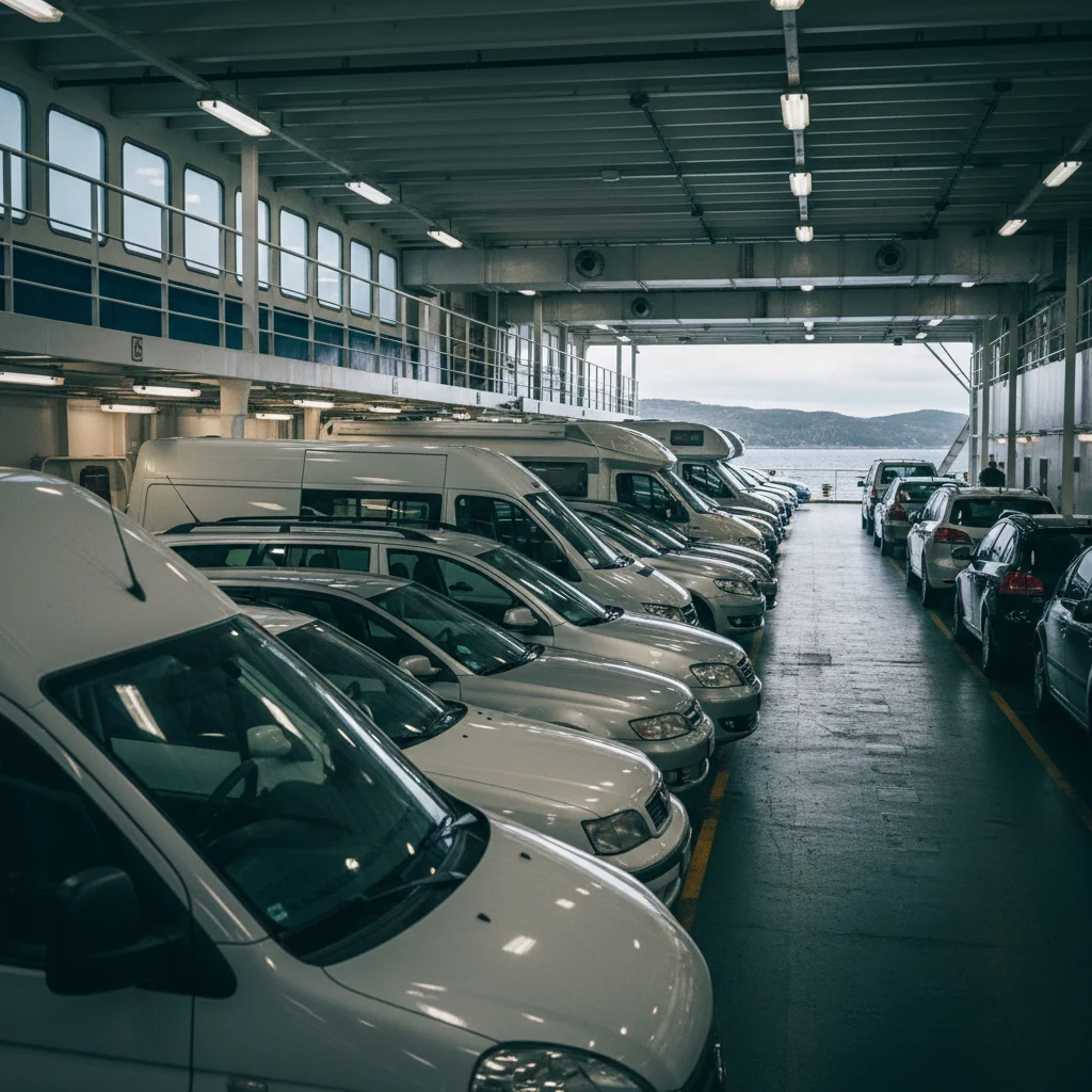 Autos und Wohnmobile auf dem Autodeck einer Fähre in Reihen geparkt