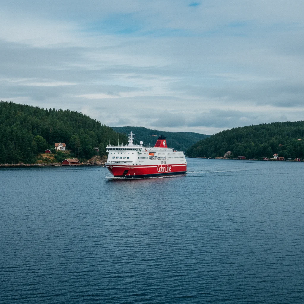 Color Line Fähre bei der Einfahrt in den Oslofjord mit bewaldeten Ufern