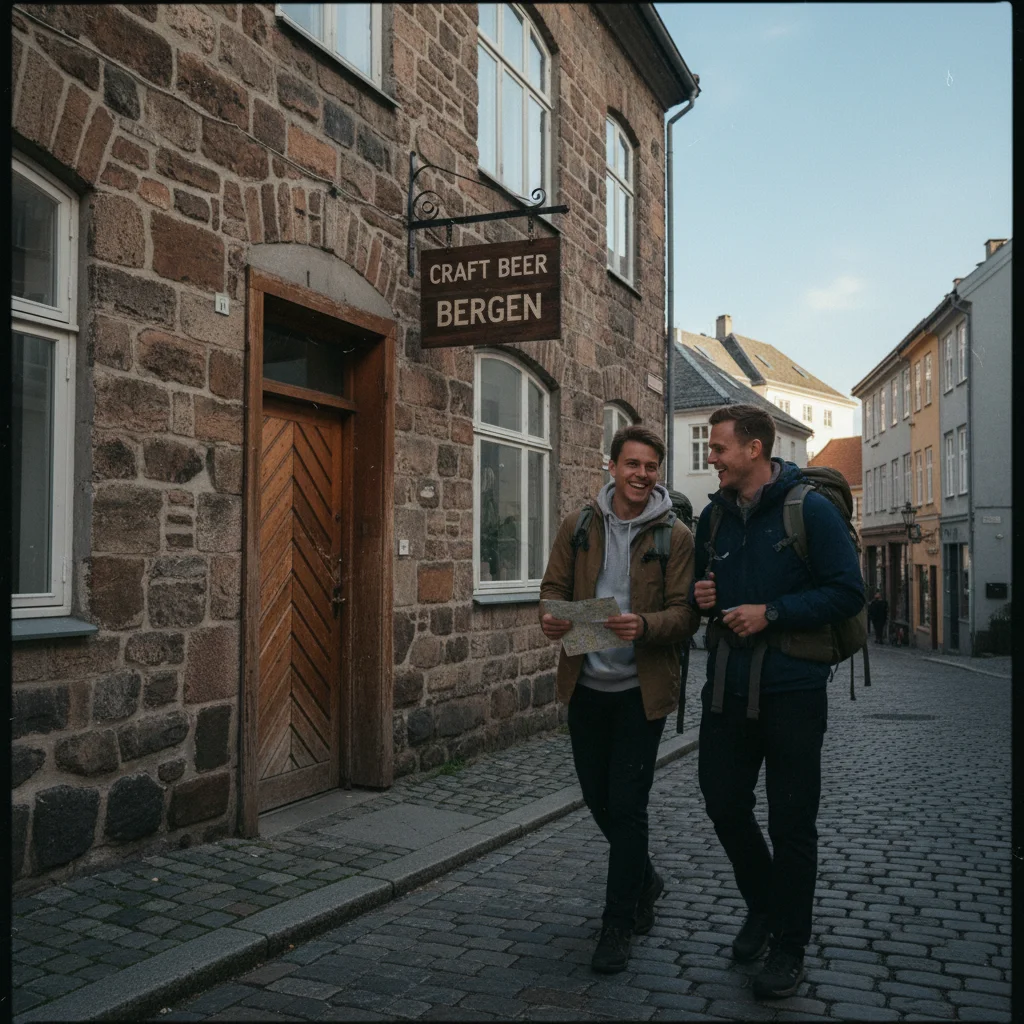 Craft-Beer-Pub in Bergen mit Blick auf die Bryggen-Holzhäuser
