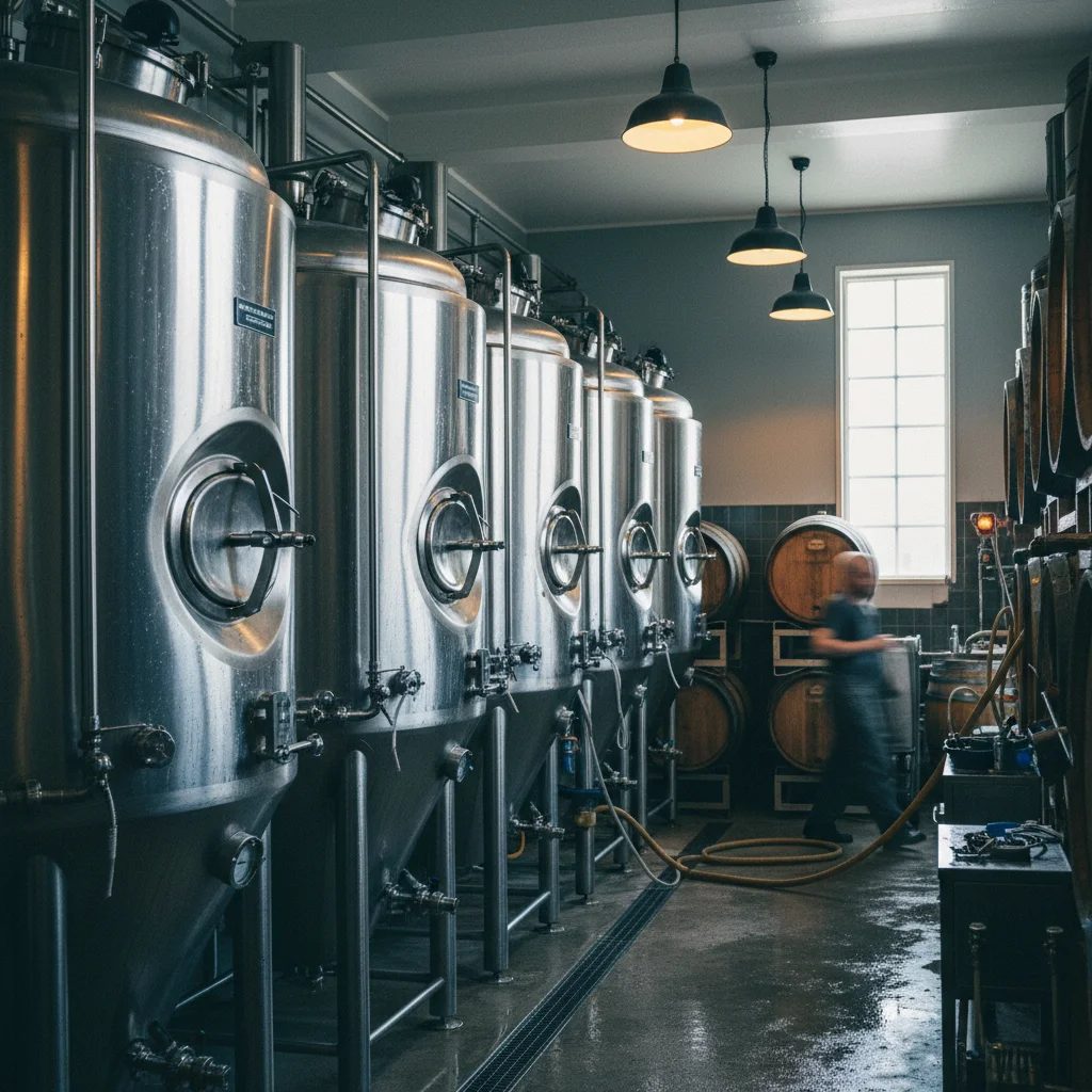 Innenansicht einer norwegischen Craft-Brauerei mit Edelstahltanks