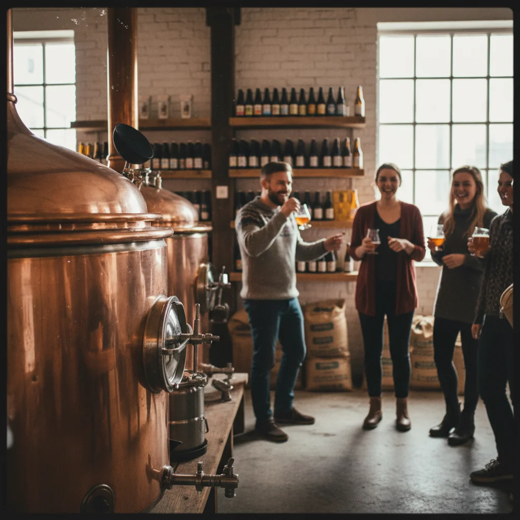Innenansicht einer norwegischen Craft-Beer-Brauerei mit Kupferkesseln und Edelstahltanks