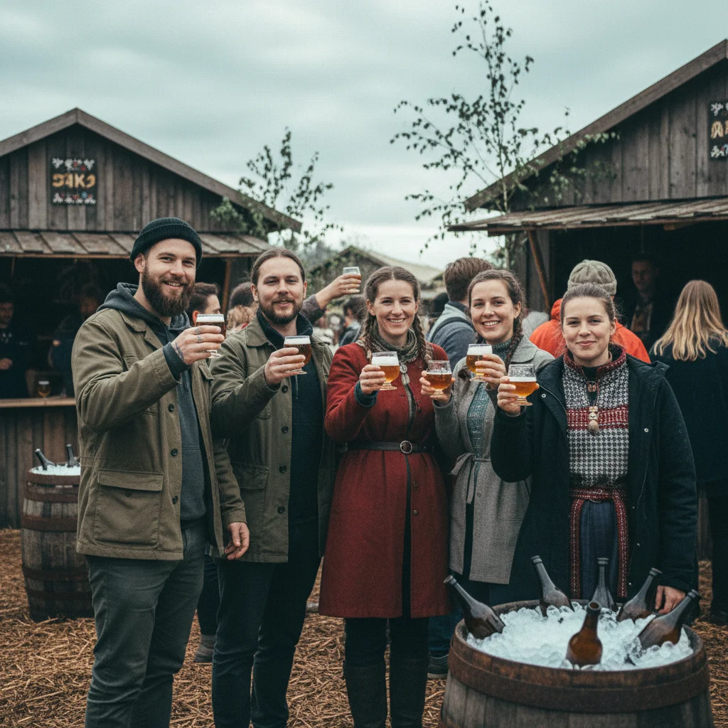 Besucher auf einem skandinavischen Bierfestival mit Verkostungsgläsern