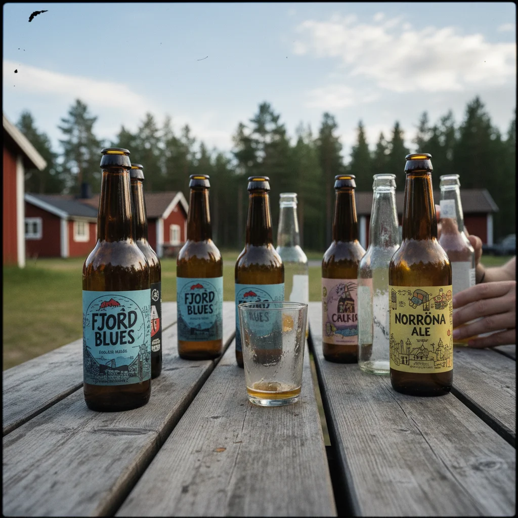 Verschiedene norwegische Craft-Beer-Flaschen und Dosen aufgereiht
