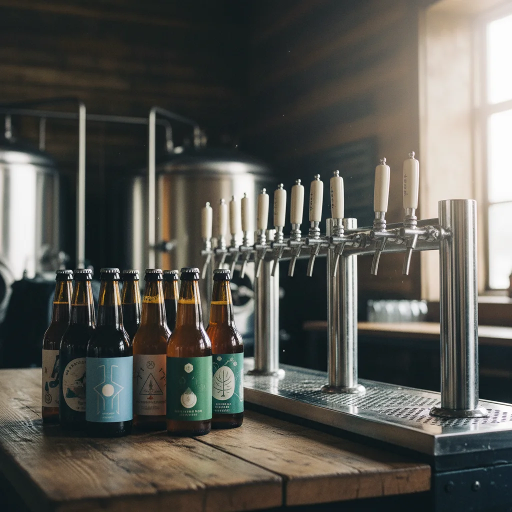 Craft-Beer-Flaschen und Zapfhähne in einer isländischen Brauerei