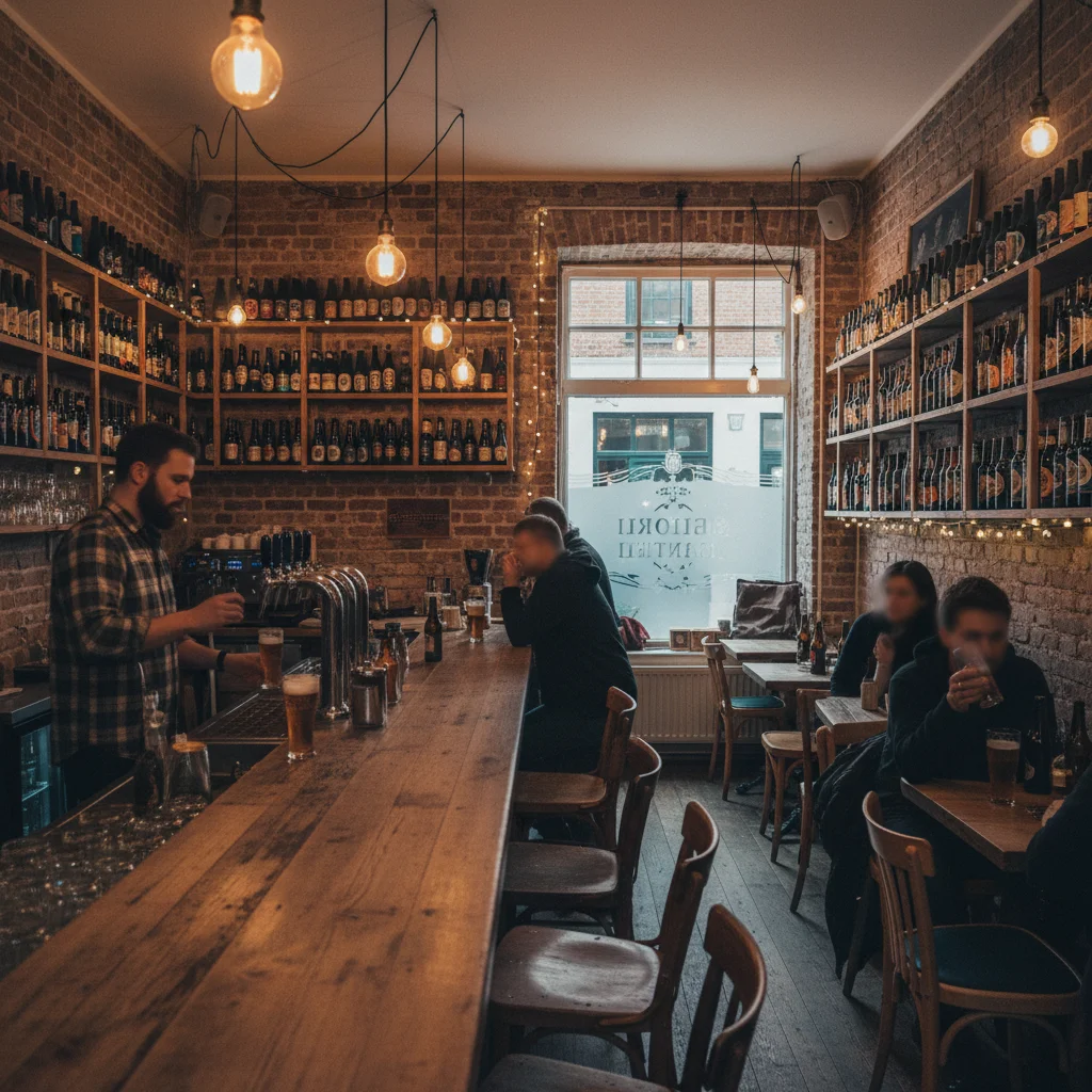 Gemütliche Beer Bar in Kopenhagen mit Backsteinwänden und Bierflaschen
