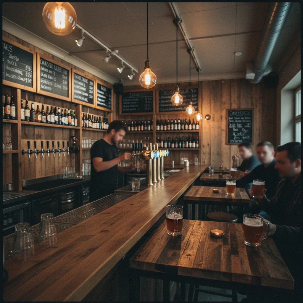 Craft-Beer-Bar in Oslo mit Zapfhähnen und Bierauswahl an der Wand