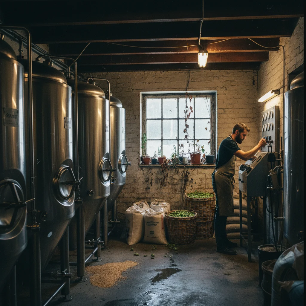 Innenansicht einer schwedischen Craft-Beer-Brauerei mit Edelstahl-Braukesseln