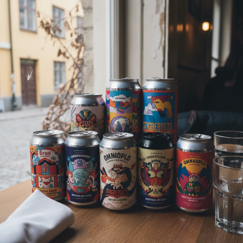 Bunte Craft-Beer-Etiketten verschiedener schwedischer Brauereien aufgereiht