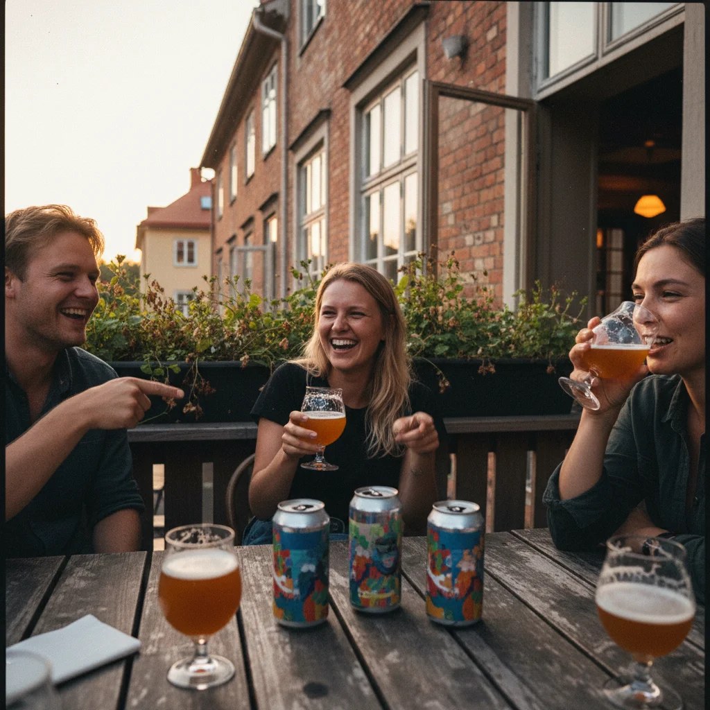 Craft-Beer-Gläser auf einem Tisch im Freien mit schwedischer Sommerkulisse