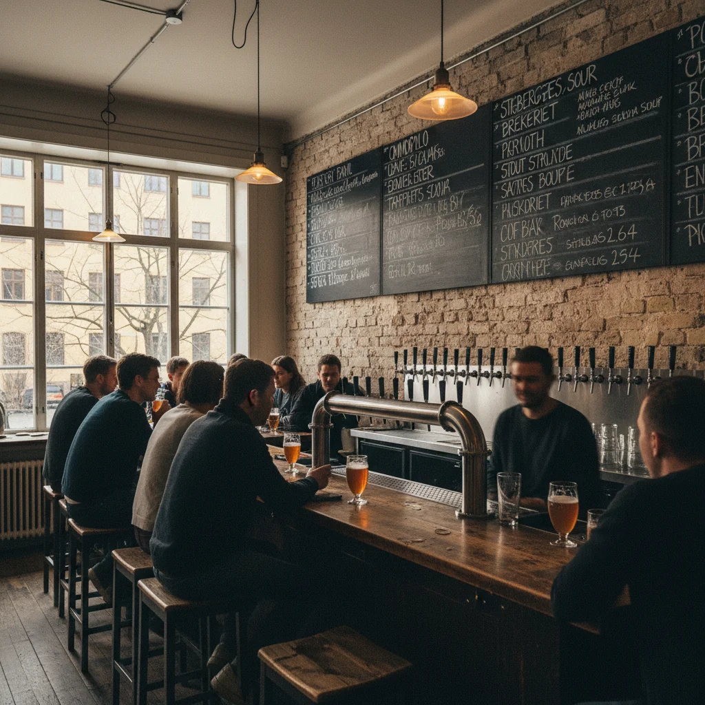 Gemütlicher Craft-Beer-Taproom in Stockholm mit Gästen und Zapfhähnen