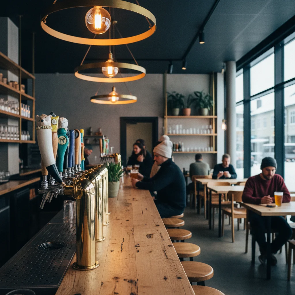 Craft Beer Taproom mit bunten Zapfhähnen und modernem Interieur