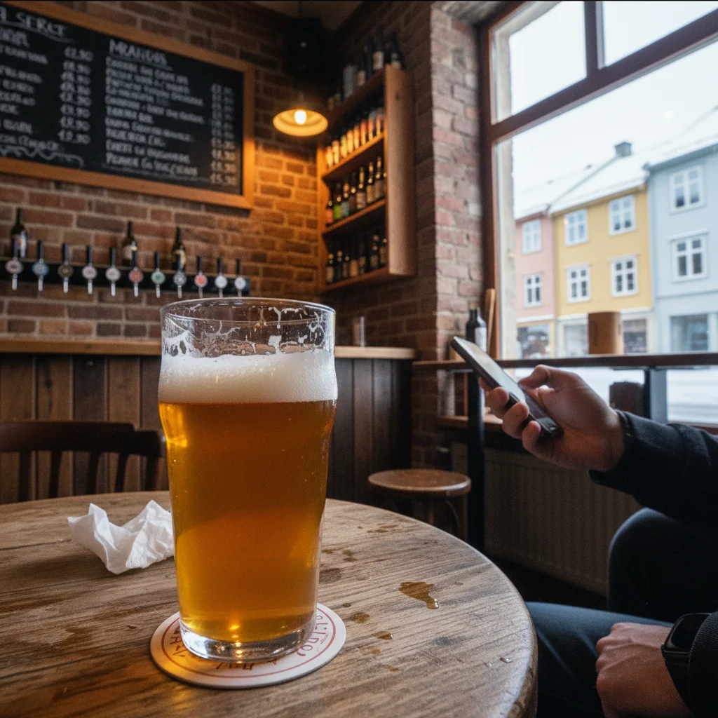 Craft-Beer-Glas vor dem Hintergrund von Tromsøs verschneiter Landschaft