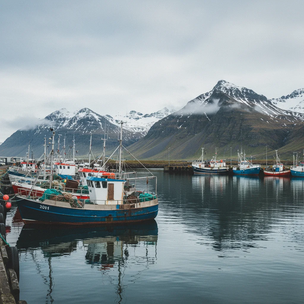 Hafen von Dalvík mit Fischerbooten und Bergen im Hintergrund